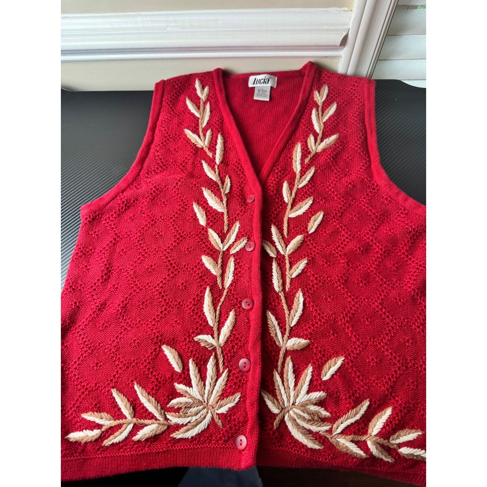 Vintage Red Embroidered Sweater Vest Womens Y2K Grandmacore Fall Teacher Sz L